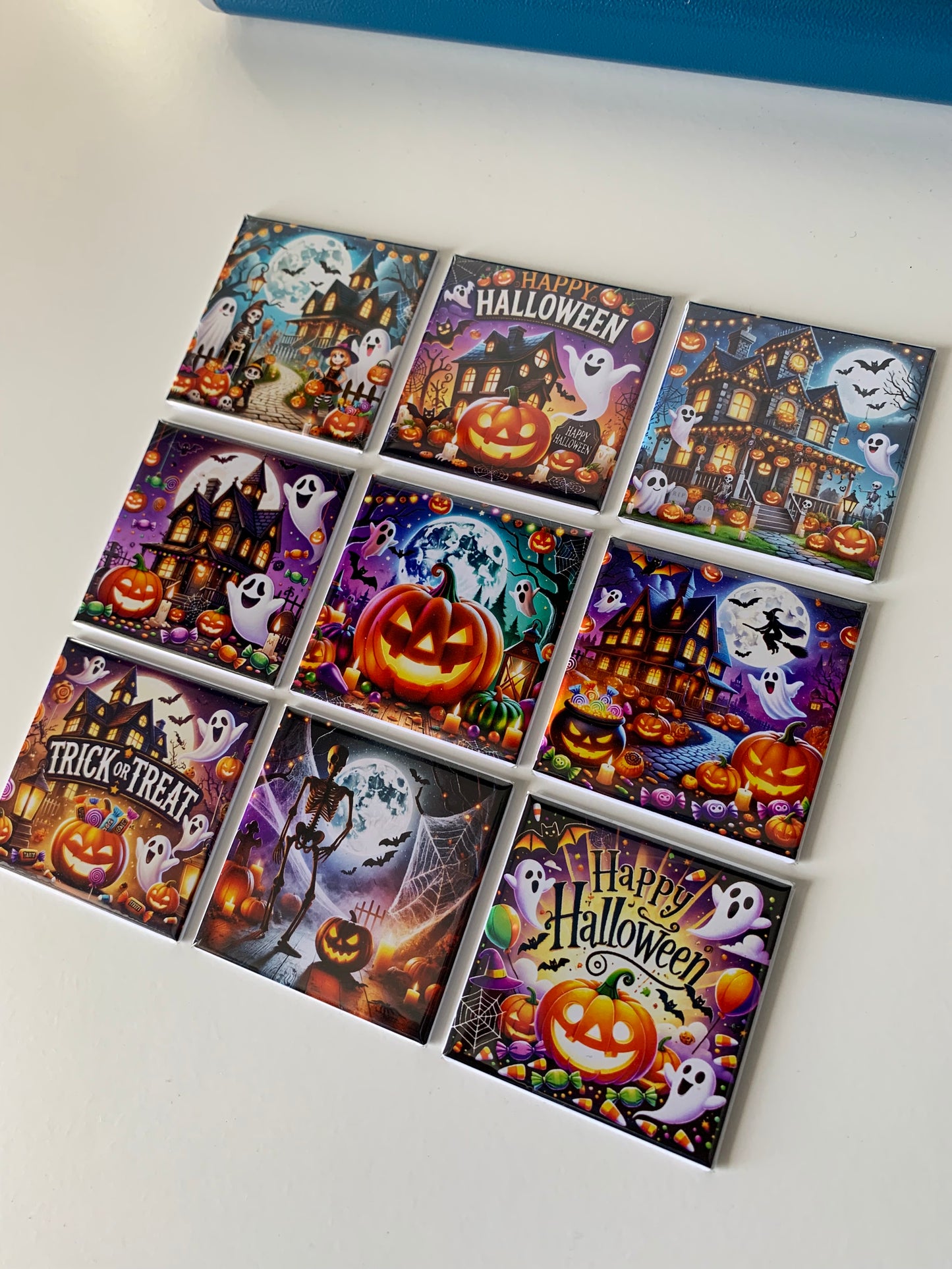 Halloween magnet collection set of 9 fun spooky square magnets 5x5cm (2x2") displayed on refrigerator
