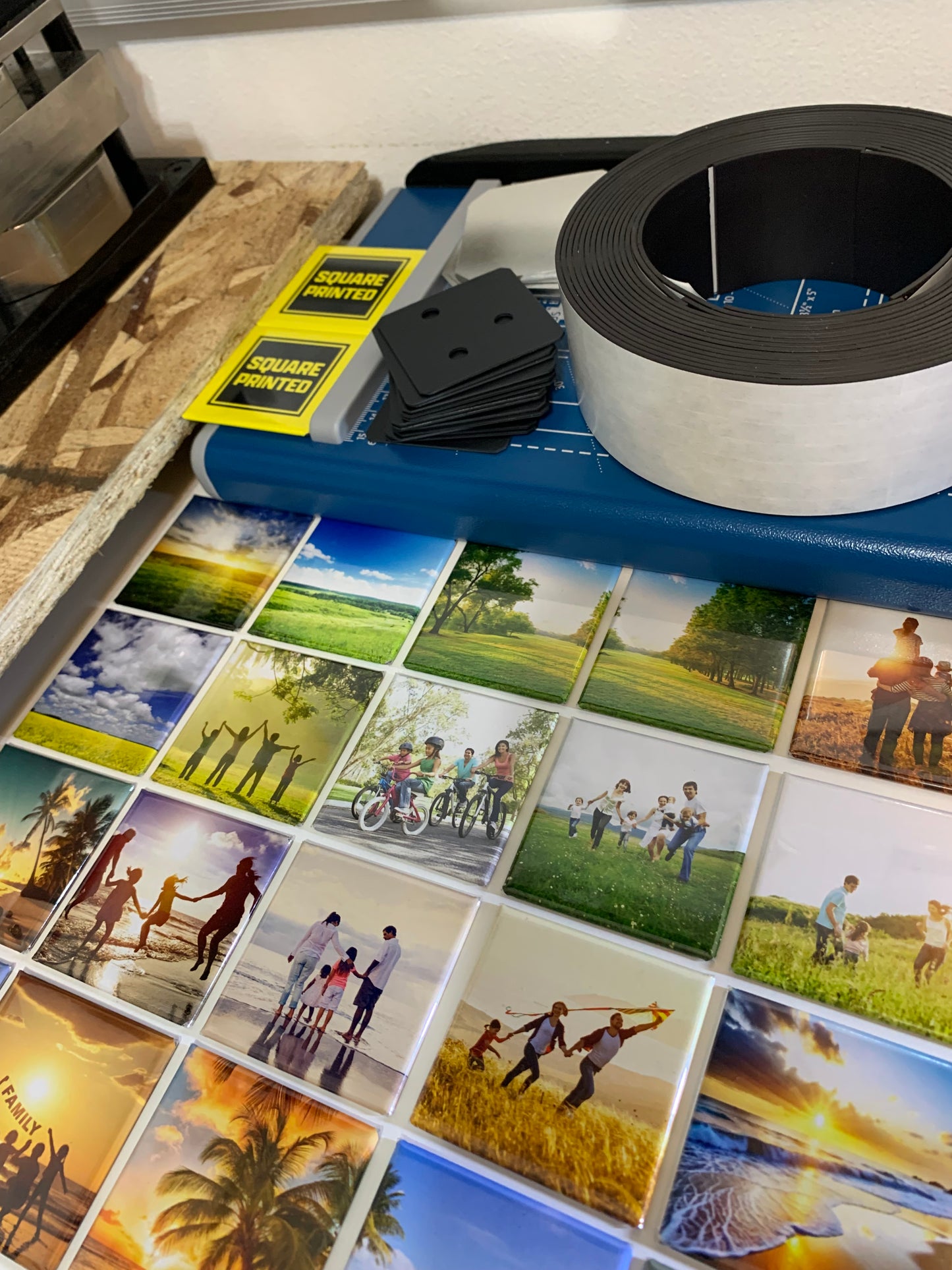 Personalised photo magnets set of 9 custom square magnets 5x5cm (2x2") displayed on refrigerator